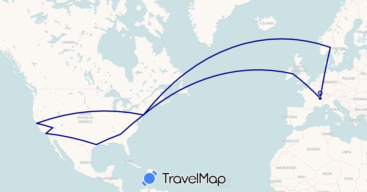 TravelMap itinerary: driving in Switzerland, Ireland, Norway, United States (Europe, North America)